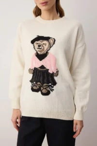TRENDYOLMİLLA Ecru Wide Pattern Crew Neck Teddy Bear Knitwear Sweater - Image 3