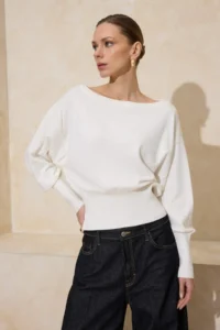 TRENDYOLMİLLA Ecru Soft textured Boat Neck Knitwear Sweater - Image 2