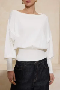 TRENDYOLMİLLA Ecru Soft textured Boat Neck Knitwear Sweater - Image 4
