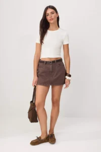 TRENDYOLMİLLA Brown Belt Detailed DENIM Shorts Skirt with Skirt Look on the Back - Image 2