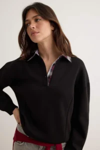 TRENDYOLMİLLA Black Weaving Garni Detailed Oversized Pattern Polo Shirt Collar Thick Fleece Knitting Sweatshirt - Image 2