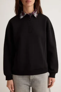 TRENDYOLMİLLA Black Weaving Garni Detailed Oversized Pattern Polo Shirt Collar Thick Fleece Knitting Sweatshirt - Image 3