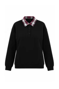 TRENDYOLMİLLA Black Weaving Garni Detailed Oversized Pattern Polo Shirt Collar Thick Fleece Knitting Sweatshirt - Image 5