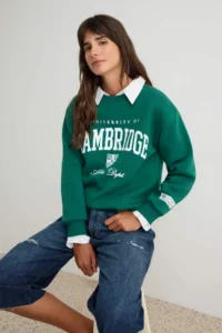 TRENDYOLMİLLA dark Green Slogan Printed Crew Neck relaxed Knitting Sweatshirt - Image 2