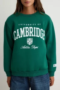 TRENDYOLMİLLA dark Green Slogan Printed Crew Neck relaxed Knitting Sweatshirt - Image 3