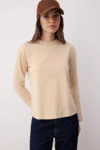 TRENDYOLMİLLA Brown-BEIGE 2 Sets Paket 100% Cotton Regular Pattern Long Sleeve High Neck Knitting T-Shirt - Image 2