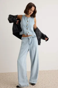 TRENDYOLMİLLA Light BLUE 100% Tencel Blouse Wide Leg jeans DENIM Bottom - Top Set