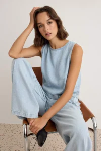 TRENDYOLMİLLA Light BLUE 100% Tencel Blouse Wide Leg jeans DENIM Bottom - Top Set - Image 2