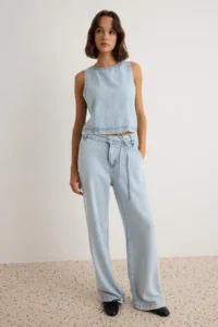 TRENDYOLMİLLA Light BLUE 100% Tencel Blouse Wide Leg jeans DENIM Bottom - Top Set - Image 3