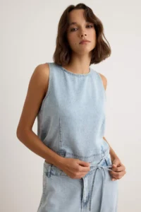 TRENDYOLMİLLA Light BLUE 100% Tencel Blouse Wide Leg jeans DENIM Bottom - Top Set - Image 4