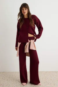 TRENDYOLMİLLA Burgundy More Sustainable V-neck Basic Knitwear Bottom - Top Set