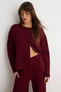 TRENDYOLMİLLA Burgundy More Sustainable V-neck Basic Knitwear Bottom - Top Set - Image 2