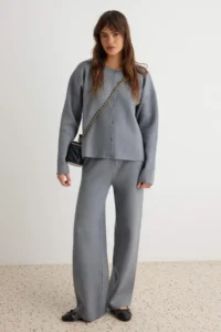 TRENDYOLMİLLA Light Gray More Sustainable V-neck Basic Knitwear Bottom - Top Set