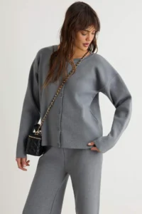 TRENDYOLMİLLA Light Gray More Sustainable V-neck Basic Knitwear Bottom - Top Set - Image 2