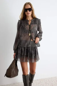 TRENDYOLMİLLA Khaki Siphon Transparent Snake Patterned Gipelli Blouse Skirt Bottom - Top Set