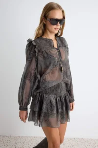 TRENDYOLMİLLA Khaki Siphon Transparent Snake Patterned Gipelli Blouse Skirt Bottom - Top Set - Image 2
