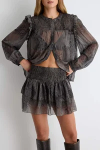 TRENDYOLMİLLA Khaki Siphon Transparent Snake Patterned Gipelli Blouse Skirt Bottom - Top Set - Image 3
