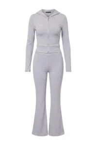 TRENDYOLMİLLA Gray Melange Fitted Hooded flared leg Flexible Knitting Bottom - Top Set - Image 5