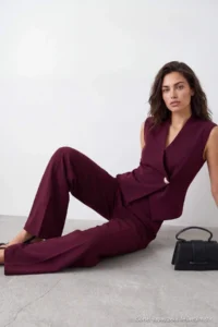 TRENDYOLMİLLA Plum Button Detailed Sleeveless Vest Pants Weaving Bottom - Top Set - Image 2