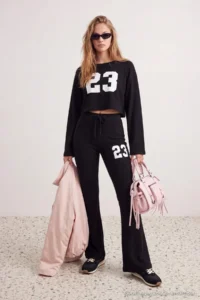 TRENDYOLMİLLA Black Printed Regular/Normal Pattern Asymmetric Collar Soft Touch Knitting Bottom - Top Set
