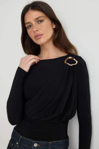 TRENDYOLMİLLA Black Accessory Detailed Long Sleeve snaps Flexible Knitting Bodysuit .D.00005