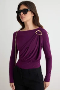 TRENDYOLMİLLA Plum Accessory Detailed Long Sleeve snaps Flexible Knitting Bodysuit .D.00005