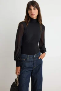 TRENDYOLMİLLA Black Tulle Sleeve Detailed High Neck snaps Flexible Knitting Bodysuit .D.00006