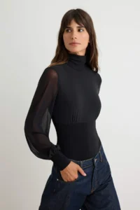 TRENDYOLMİLLA Black Tulle Sleeve Detailed High Neck snaps Flexible Knitting Bodysuit .D.00006 - Image 2