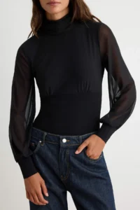 TRENDYOLMİLLA Black Tulle Sleeve Detailed High Neck snaps Flexible Knitting Bodysuit .D.00006 - Image 3