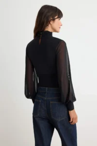 TRENDYOLMİLLA Black Tulle Sleeve Detailed High Neck snaps Flexible Knitting Bodysuit .D.00006 - Image 4