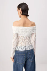 TRENDYOLMİLLA Ecru Plain Fitted Carmen Collar Long Sleeve Lace Knitting Blouse - Image 8