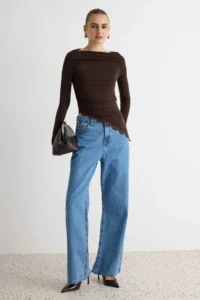 TRENDYOLMİLLA Brown Plain Fitted Boat Neck Lace Detailed LONG Viscose Rib Knitting Blouse - Image 2
