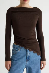 TRENDYOLMİLLA Brown Plain Fitted Boat Neck Lace Detailed LONG Viscose Rib Knitting Blouse - Image 3