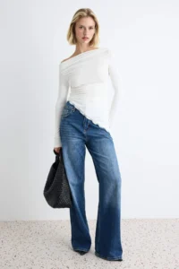 TRENDYOLMİLLA Ecru Plain Fitted Boat Neck Lace Detailed LONG Viscose Rib Knitting Blouse - Image 2