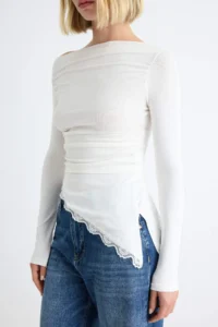 TRENDYOLMİLLA Ecru Plain Fitted Boat Neck Lace Detailed LONG Viscose Rib Knitting Blouse - Image 3
