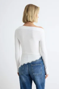 TRENDYOLMİLLA Ecru Plain Fitted Boat Neck Lace Detailed LONG Viscose Rib Knitting Blouse - Image 4