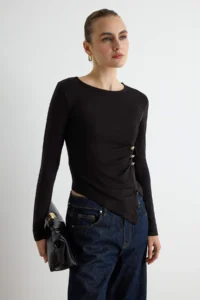 TRENDYOLMİLLA Black Plain Fitted Crew Neck Accessory Detailed Viscose Rib Knitting Blouse - Image 2