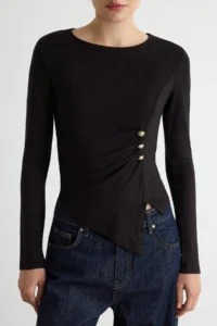 TRENDYOLMİLLA Black Plain Fitted Crew Neck Accessory Detailed Viscose Rib Knitting Blouse - Image 3