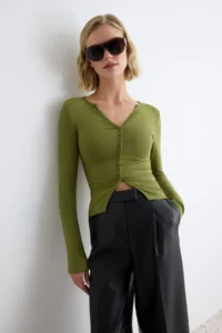 TRENDYOLMİLLA Khaki Plain Fitted V-neck buttoned Viscose Rib Knitting Blouse