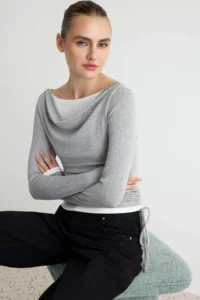 TRENDYOLMİLLA Gray Melange Color Blocked Fitted Off-Shoulder Neck Soft Double Collar Knitting Blouse - Image 2