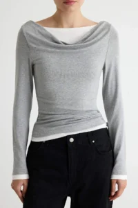 TRENDYOLMİLLA Gray Melange Color Blocked Fitted Off-Shoulder Neck Soft Double Collar Knitting Blouse - Image 3