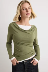 TRENDYOLMİLLA Khaki Color Blocked Fitted Off-Shoulder Neck Soft Double Collar Knitting Blouse