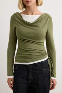 TRENDYOLMİLLA Khaki Color Blocked Fitted Off-Shoulder Neck Soft Double Collar Knitting Blouse - Image 3