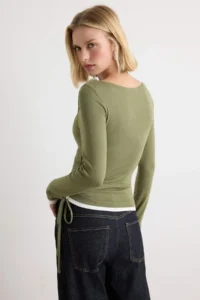 TRENDYOLMİLLA Khaki Color Blocked Fitted Off-Shoulder Neck Soft Double Collar Knitting Blouse - Image 4