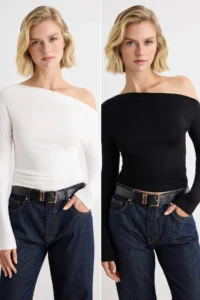 TRENDYOLMİLLA Black-Ecru 2 Sets Paket Plain Fitted Asymmetric Collar LONG Viscose Rib Knitting Blouse