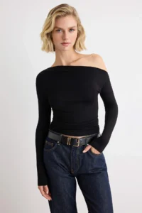 TRENDYOLMİLLA Black-Ecru 2 Sets Paket Plain Fitted Asymmetric Collar LONG Viscose Rib Knitting Blouse - Image 2