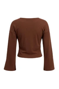TRENDYOLMİLLA Brown Plain Fitted V-neck Spanish Arm Crop/Short Cotton Flexible Knitting Blouse - Image 3