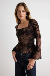 TRENDYOLMİLLA Brown Floral Fitted Square Neck Spanish Arm Tulle Knitting Blouse - Image 2