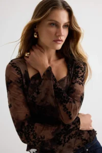 TRENDYOLMİLLA Brown Floral Fitted Square Neck Spanish Arm Tulle Knitting Blouse - Image 3