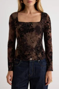 TRENDYOLMİLLA Brown Floral Fitted Square Neck Spanish Arm Tulle Knitting Blouse - Image 4
